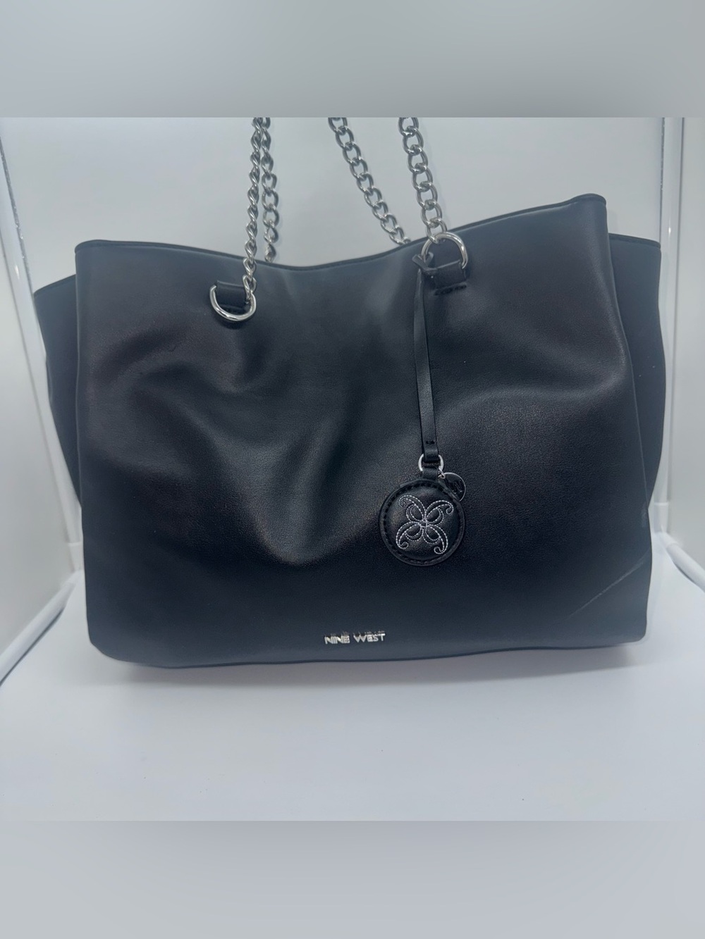 Nine West Black Faux Leather Tote with Chain Handles
